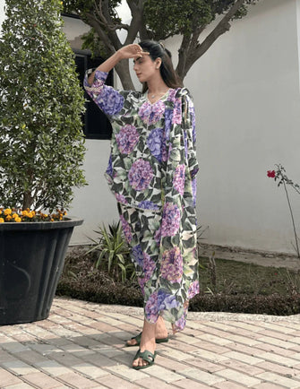 Huma Dilnawaz Summer Collection 23 -Green/Purple Hydrangea Print