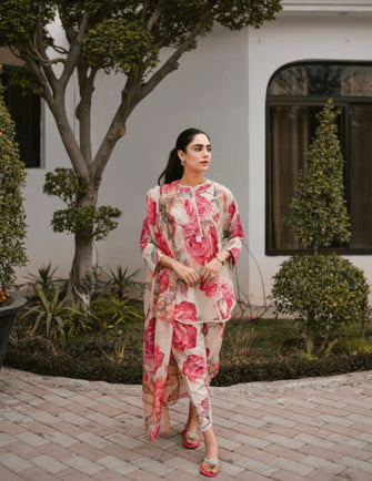 Huma Dilnawaz Summer Collection 23 -Hot Pink Painted Roses on Pale Yellow