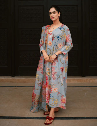 Huma Dilnawaz Summer Collection 23 -Chrysanthemums on Sky Blue (Long)