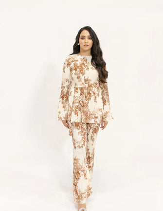 Hassal Spring Summer 24 - Melihe Floral Beige Printed Pleated Suit