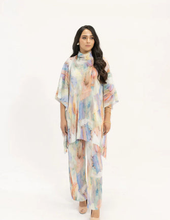 Hassal Spring Summer 24 - Nazik Blue /Pink Poncho Pleated Suit