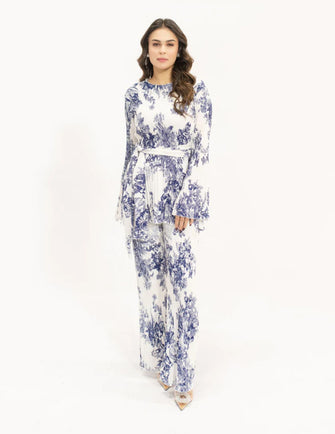 Hassal Spring Summer 24 - Melihe Floral Blue Printed Pleated Suit