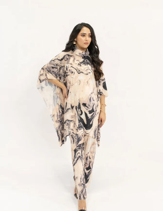 Hassal Spring Summer 24 - Yasmin Beige Marble Poncho Pleated Suit