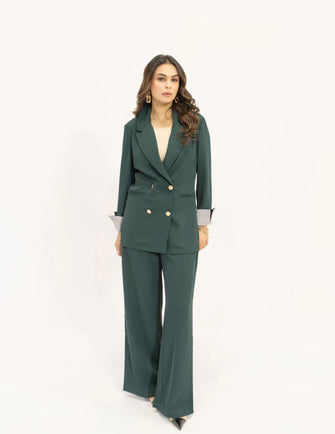 Hassal Spring Summer 24 - Aiyla Dark Green Golden Button Double Breasted Suit