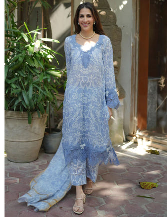 Huma Dilnawaz Summer Lawn Collection 24 - Chantilly Lace on Cerulean Blue