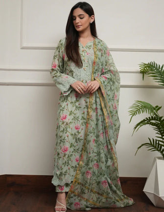 Huma Dilnawaz Summer Lawn Collection 24 - Long Stem Roses on Sea Green