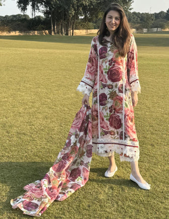 Huma Dilnawaz Summer Lawn Collection 24 - Pink and Maroon Peonies Day Out