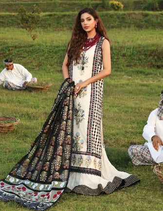 Crimson Luxury Lawn By Saira Shakira (Unstitched) - Ivory - 8A