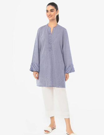 Ammara Khan Mode Vol III - CHECKERED BLUE SHIRT WITH RUFFLE DETAIL (D-06)