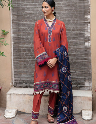 Ammara Khan Khush Amdeed Unstitched collection 22 - 'DARK RUST AND NAVY TRIBE (D-04)